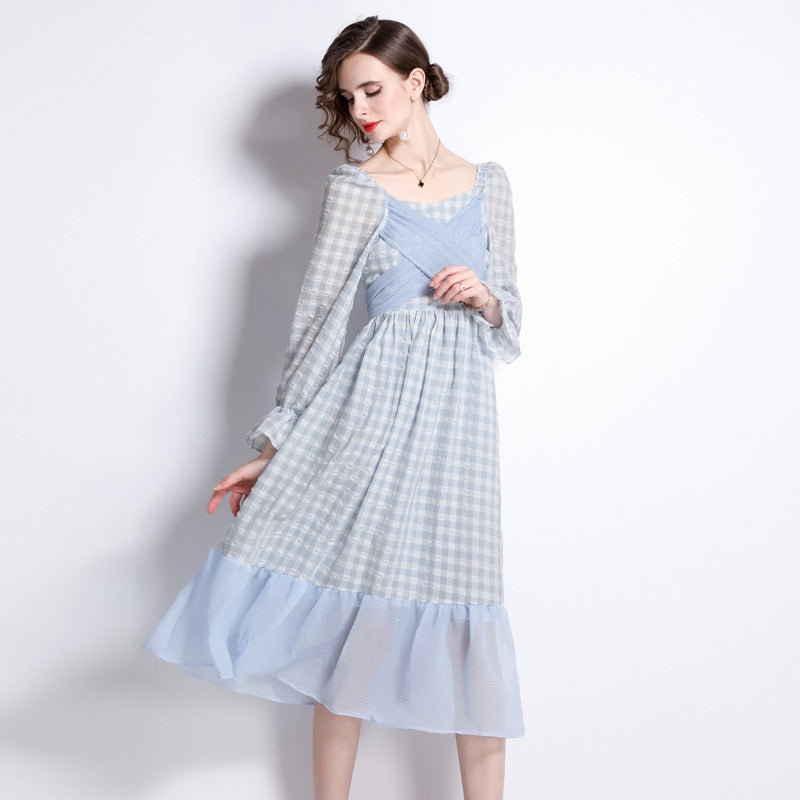 Light blue gingham midi dress