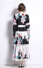 Load image into Gallery viewer, Black and white pop of colour flowers midi dress with belt