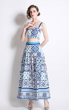 Load image into Gallery viewer, Blue decorative tile bralette and maxi skirt