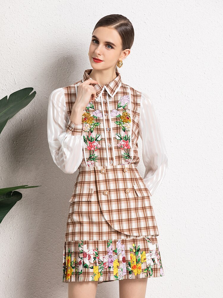 Joyous flowers with plaid suit set