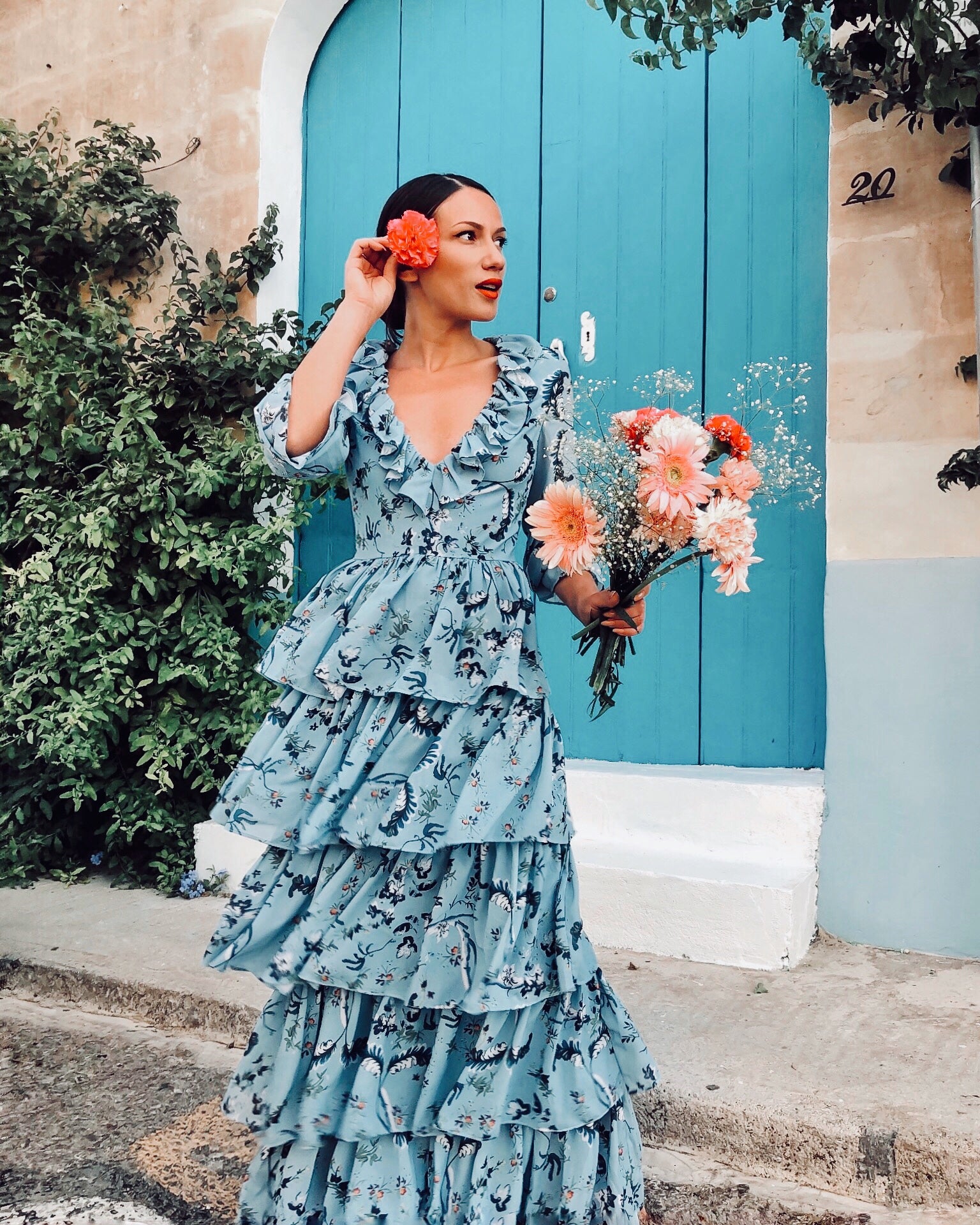 Blue Floral v neck long sleeved Tiered ruffle maxi dress – Comino Couture