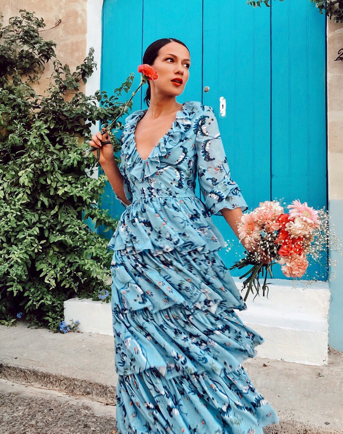 Blue Floral v neck long sleeved Tiered ruffle maxi dress