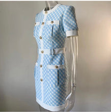 Load image into Gallery viewer, Blue and White plaid dress with gold buttons