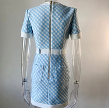 Load image into Gallery viewer, Blue and White plaid dress with gold buttons