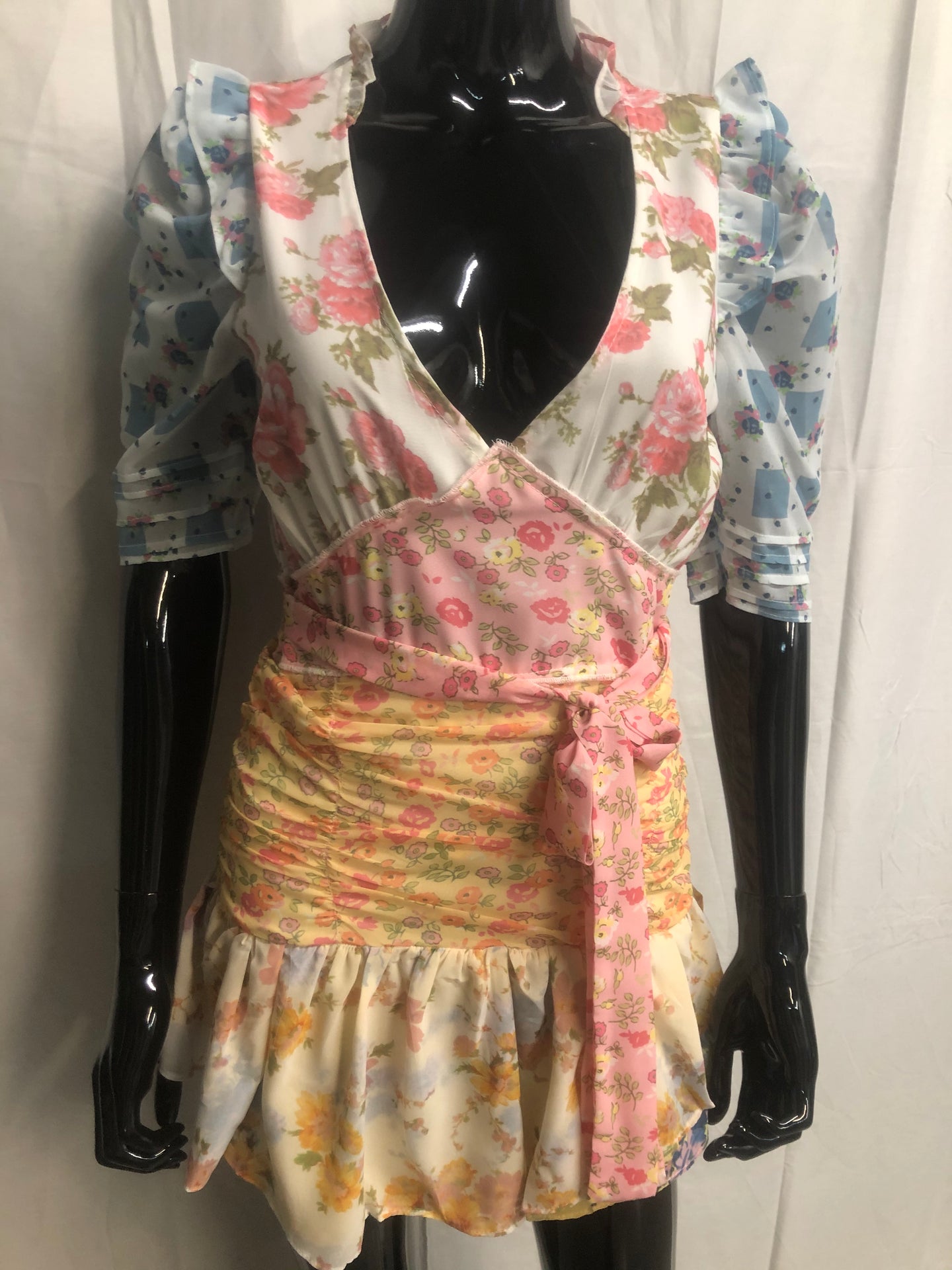 mix match floral print mini dress with tie belt  sample sale