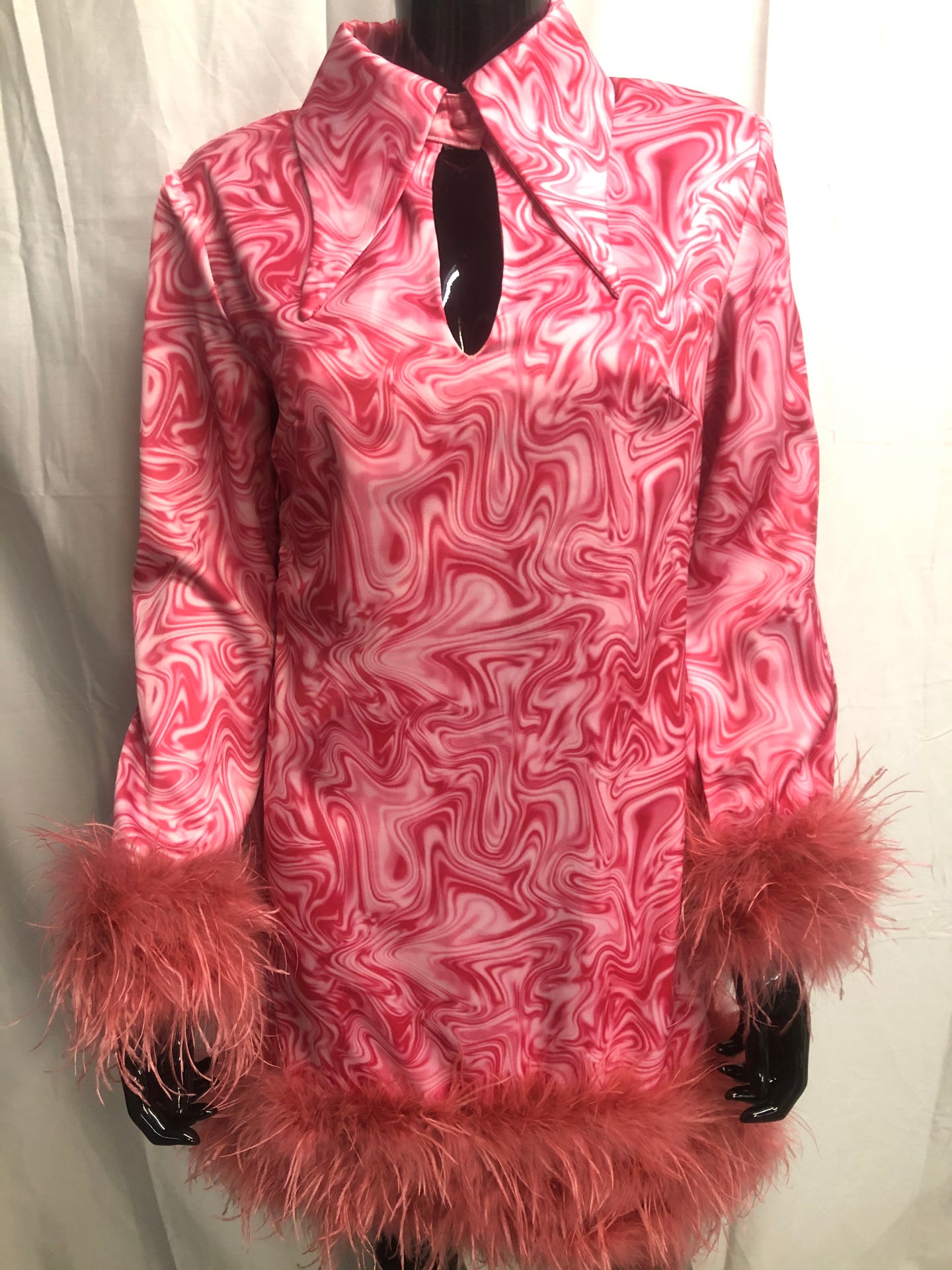 Dagger collar pink marble dress with faux feather details NOW £35