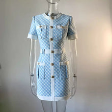 Load image into Gallery viewer, Blue and White plaid dress with gold buttons