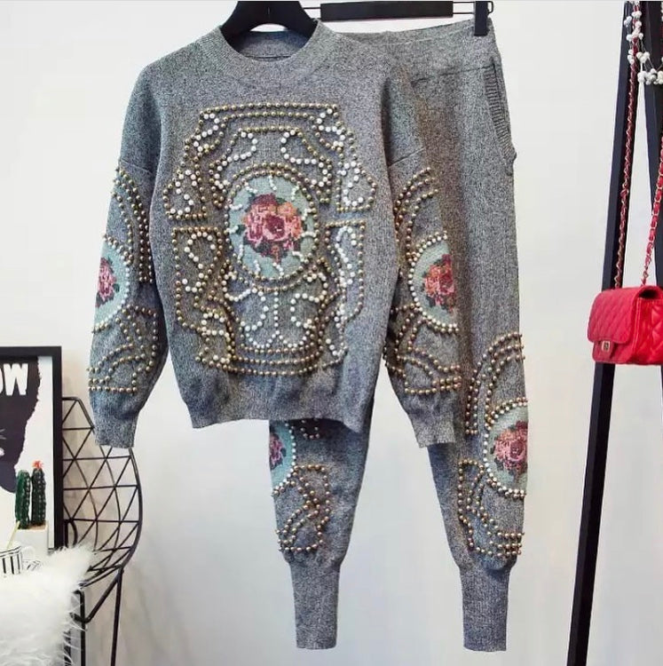 Rose Motif Grey Knitted Set