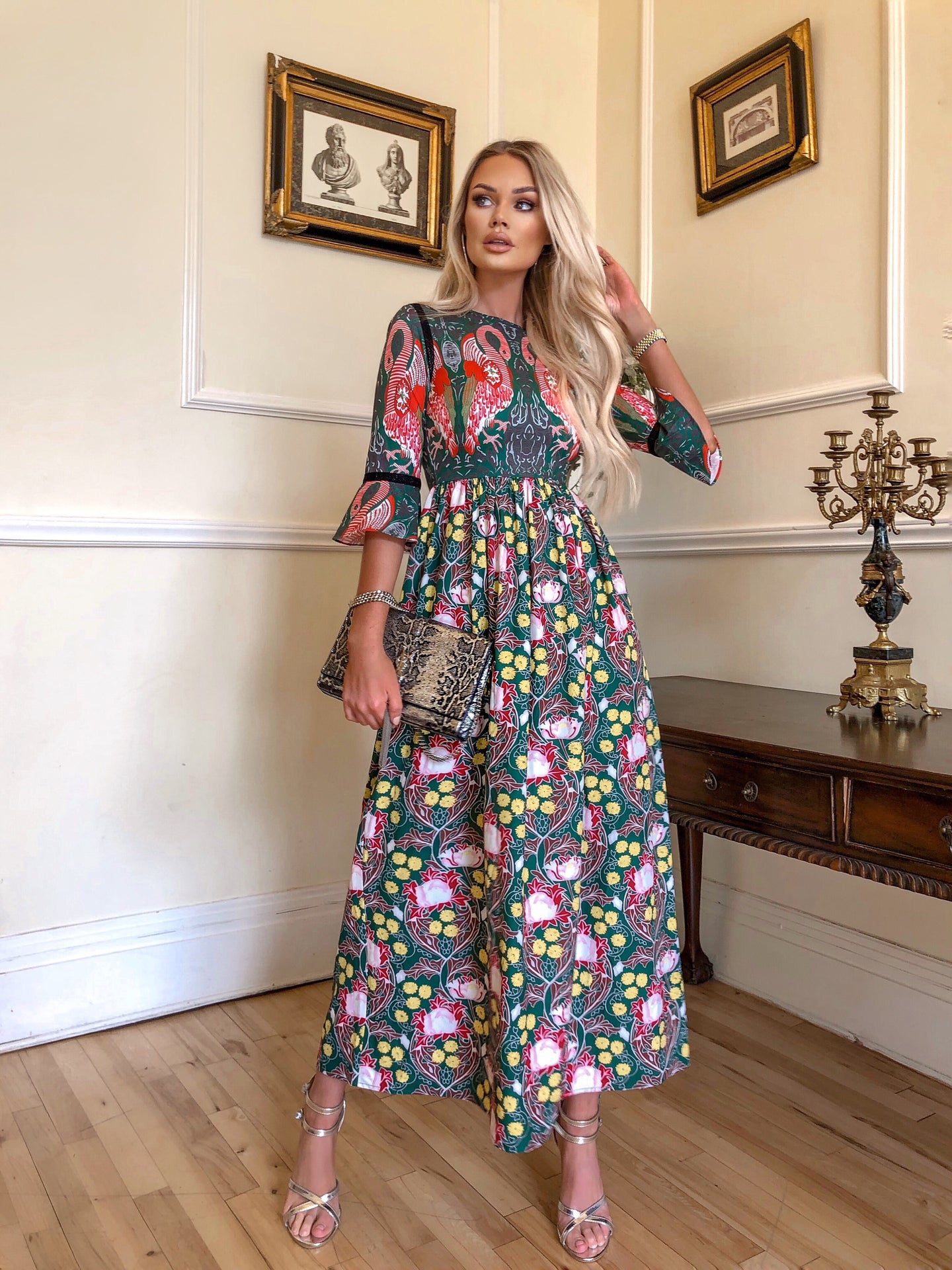 Comino Couture Green / Multi Print Flamingo Maxi Dress