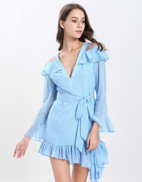 Dotty baby blue cut out shoulder gathered hem mini dress