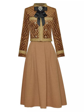 So Smart jacket and skirt two piece set with bow brooch