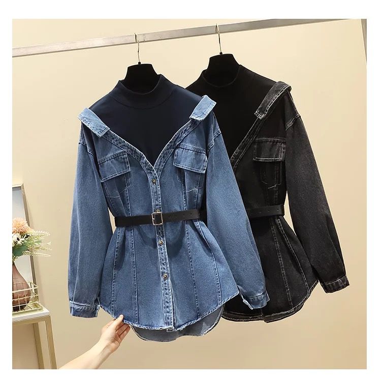 Denim shirt with layer and belt