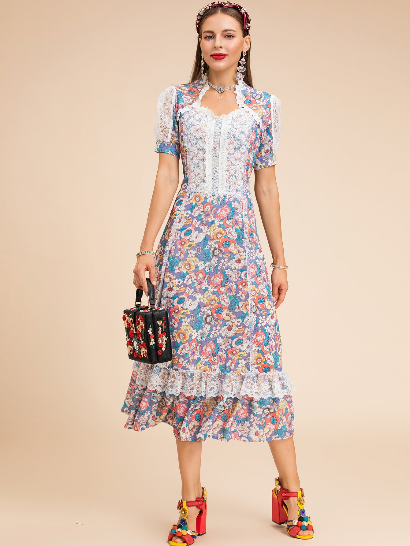 High neck detail with 60s floral print midi dress