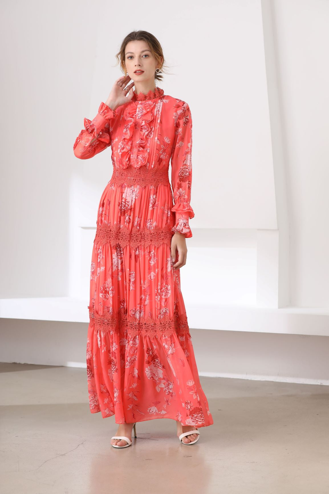 Fluorescent coral high neck maxi dress