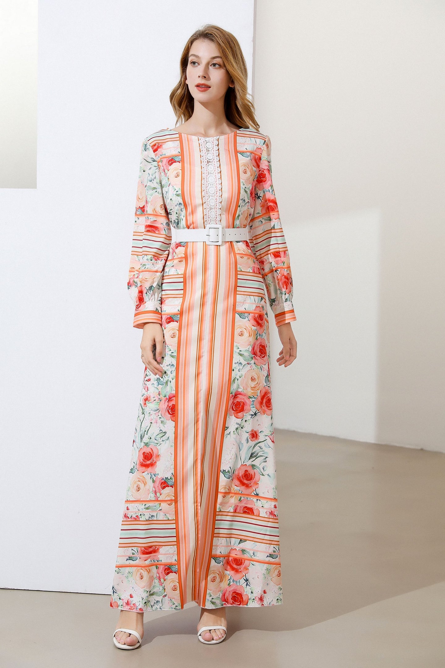 Apricot stripes and roses maxi dress