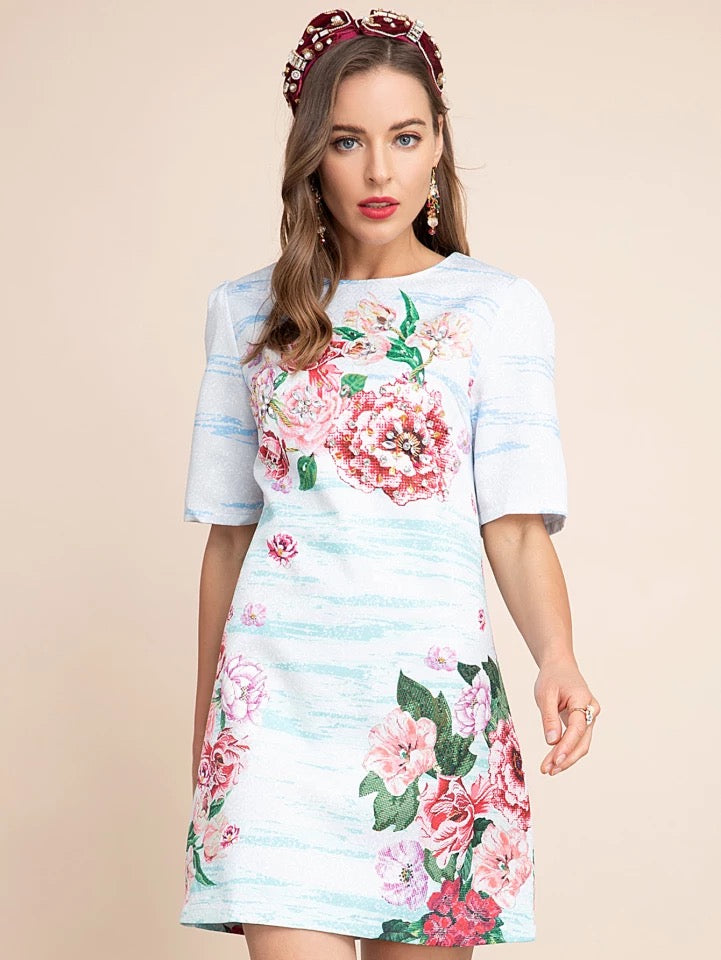 Floating roses short sleeved mini dress