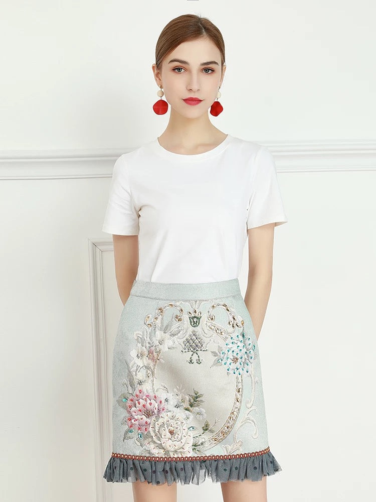 Floral Frame mini skirt with frill hem