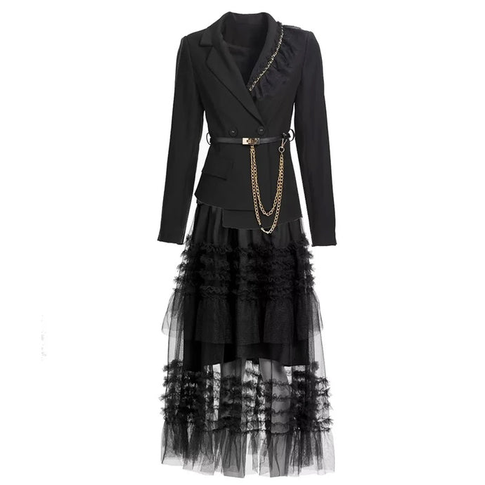 Long sleeve Sashes Blazer with belt + Mesh Long Skirt