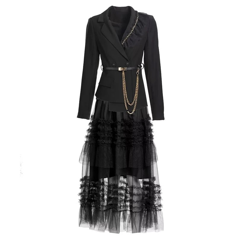 Long sleeve Sashes Blazer with belt + Mesh Long Skirt