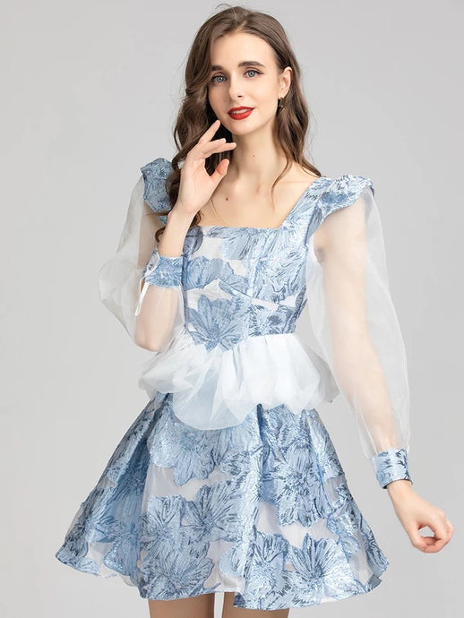 Mesh Long sleeve Blue Flower Jacquard Ruffles