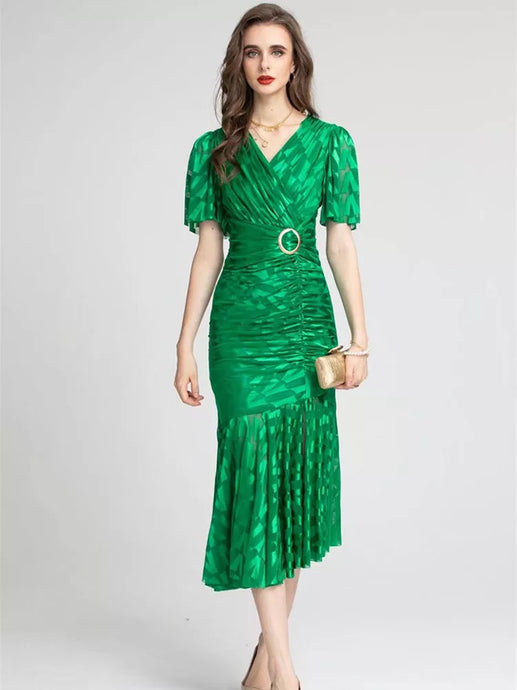 V neck foiled dress with gathering and belt * comes in two colours*