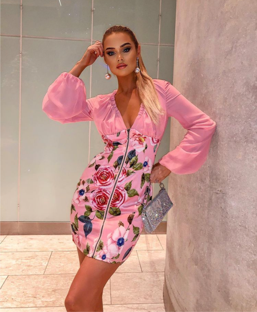 Dusky Pink floral long sleeve mini dress